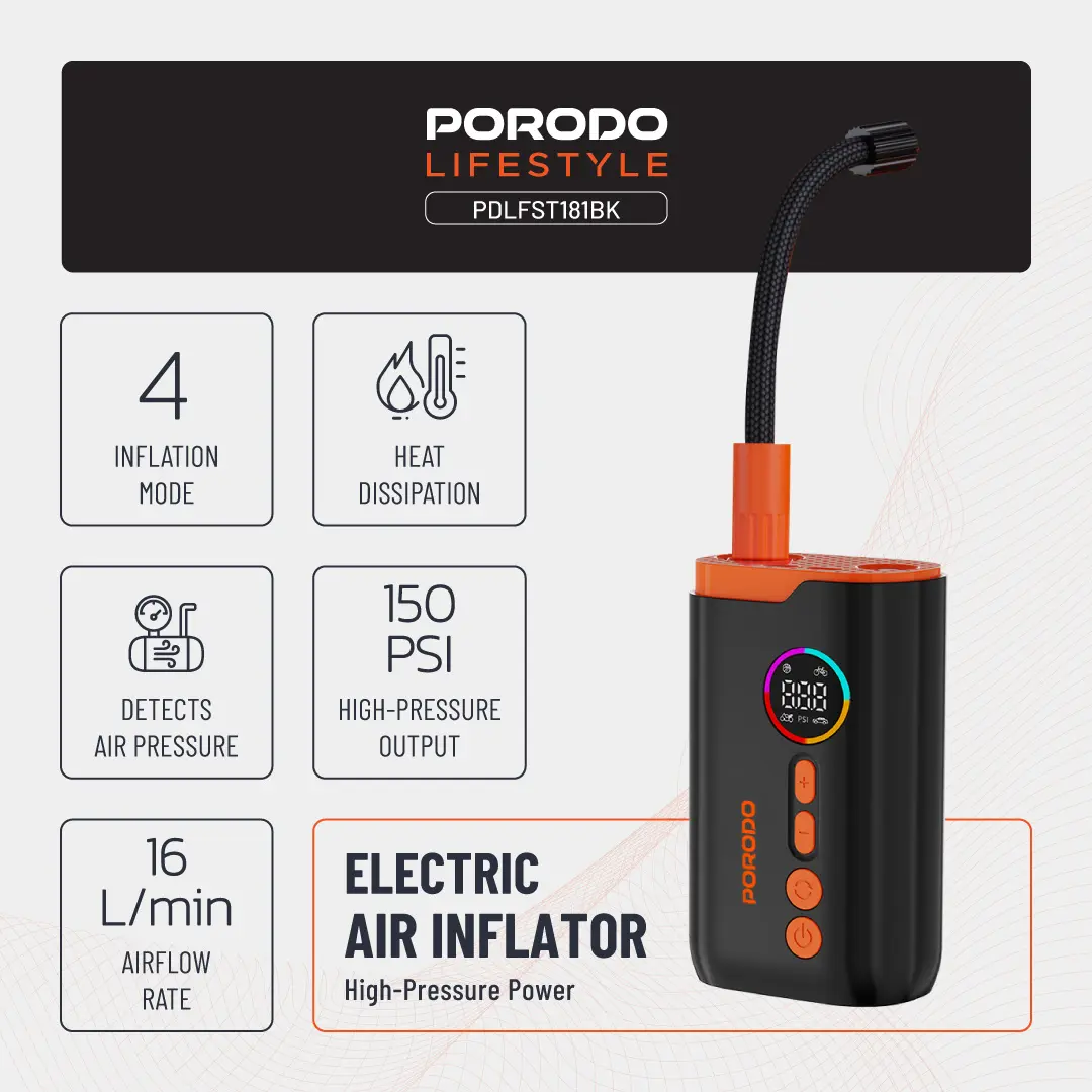 Porodo Lifestyle Electric Air Inflator With High-Pressure Power & Built-In Flashlight 3 Porodo Lifestyle Electric Air Inflator With High-Pressure Power & Built-In Flashlight - Image 3