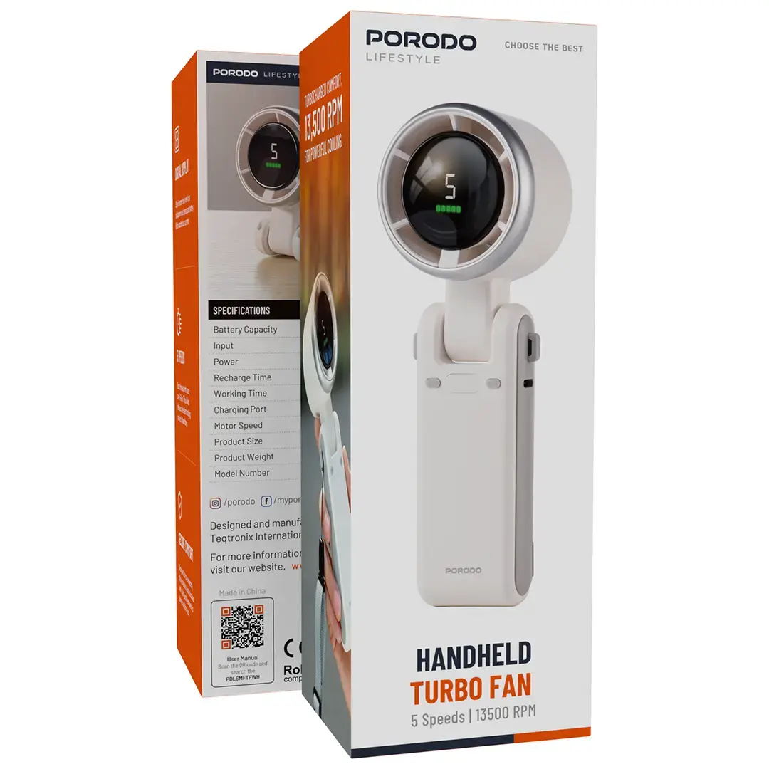 Porodo LifeStyle 3 in 1 Multi-Functional 180° Foldable Handheld Turbo Fan 2 Porodo LifeStyle 3 in 1 Multi-Functional 180° Foldable Handheld Turbo Fan - Image 2