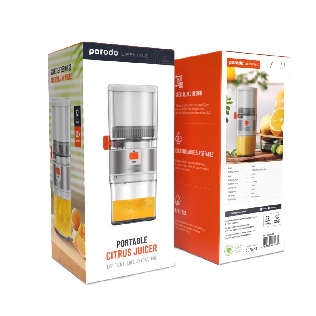Porodo Lifestyle Portable Slow Juicer 55W - White / Orange 5 Porodo Lifestyle Portable Slow Juicer 55W - White / Orange - Image 5