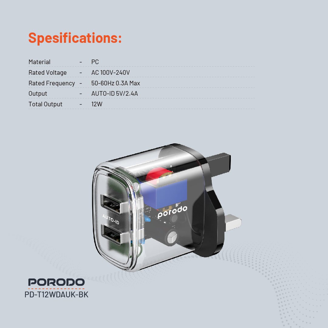 Porodo Dual Output Transparent Charger 2.4A UK 3 Porodo Dual Output Transparent Charger 2.4A UK - Image 3