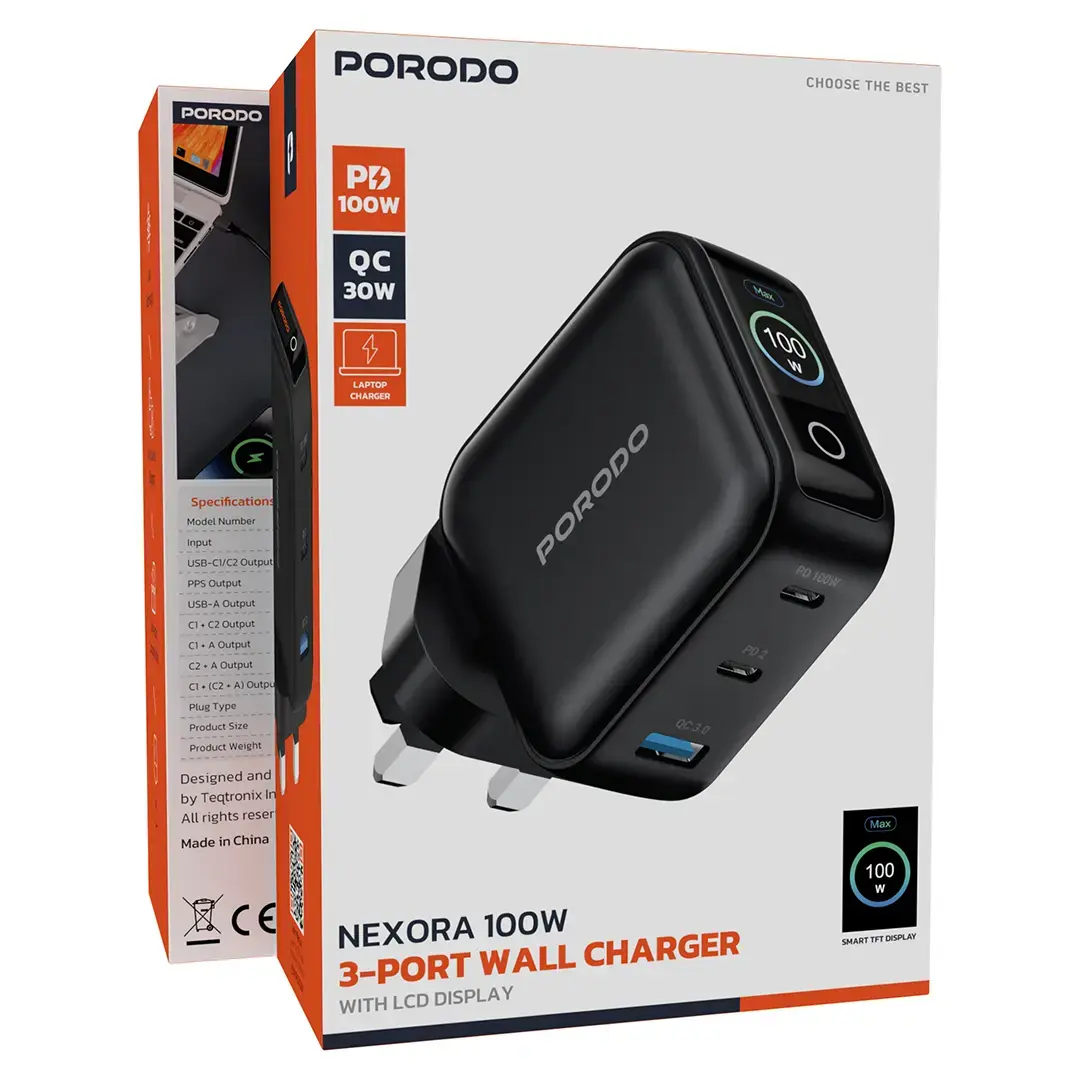 Porodo Nexora 100W 3-Port Wall Charger with LCD Display 2 Porodo Nexora 100W 3-Port Wall Charger with LCD Display - Image 2