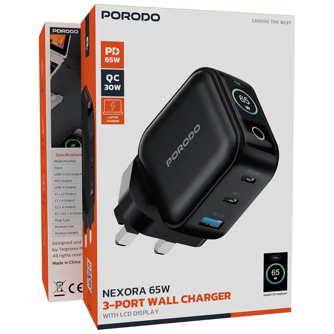 Porodo Nexora 65W 3-Port Wall Charger with LCD Display 2 Porodo Nexora 65W 3-Port Wall Charger with LCD Display - Image 2