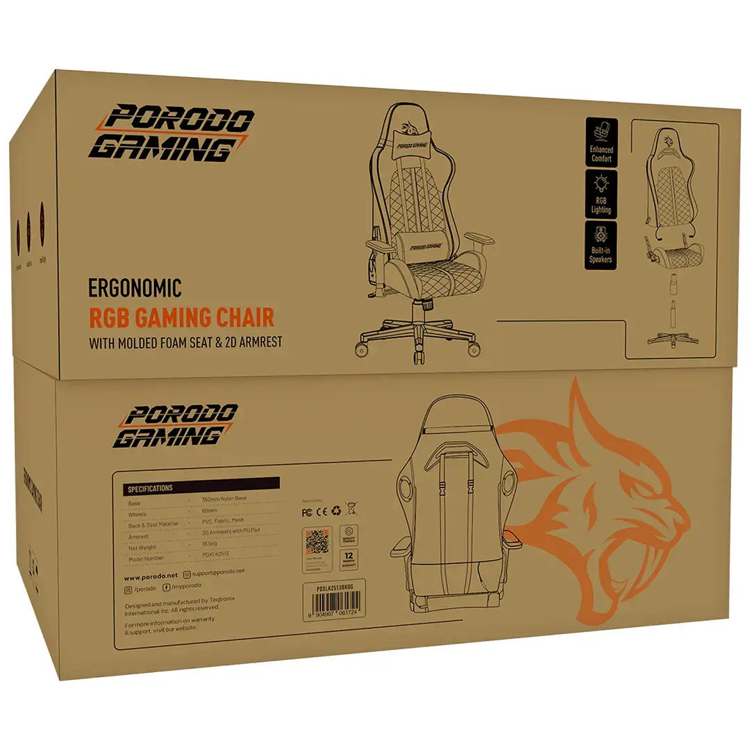 Porodo Gaming Ergonomic RGB Gaming Chair - Black/Orange 4 Porodo Gaming Ergonomic RGB Gaming Chair - Black/Orange - Image 4